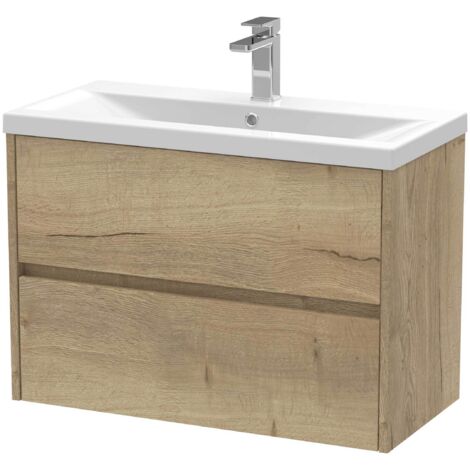 Nuie Havana Autumn Oak Woodgrain 800mm Wall Hung 2 Drawer Vanity Unit and Mid Edge Ceramic Basin - HAV806A