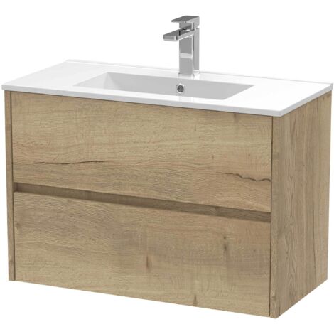 Nuie Havana Autumn Oak Woodgrain 800mm Wall Hung 2 Drawer Vanity Unit and Minimalist Ceramic Basin - HAV806B
