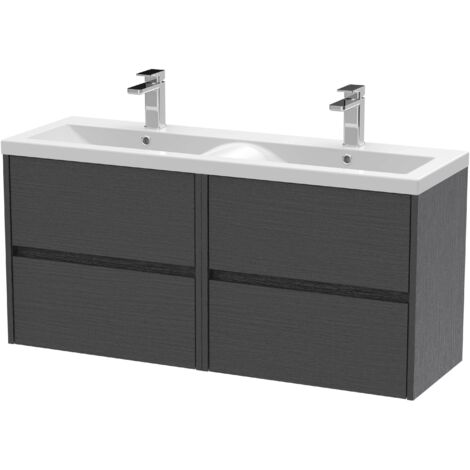 Nuie Havana Graphite Grey Woodgrain 1200mm Wall Hung 4 Drawer Vanity Unit with Double Ceramic Basins - HAV2204F