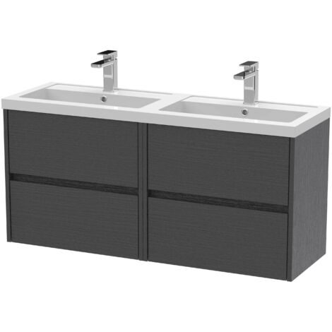 Nuie Havana Graphite Grey Woodgrain 1200mm Wall Hung 4 Drawer Vanity Unit with Double Poylymarble Basins - HAV2204C