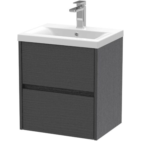 Nuie Havana Graphite Grey Woodgrain 500mm Wall Hung 2 Drawer Vanity Unit and Mid Edge Ceramic Basin - HAV2202A