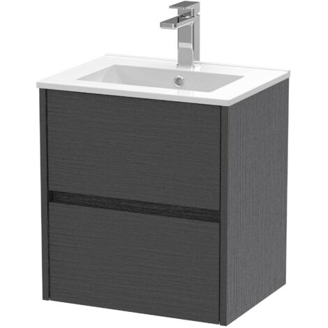 Nuie Havana Graphite Grey Woodgrain 500mm Wall Hung 2 Drawer Vanity Unit and Minimalist Ceramic Basin - HAV2202B