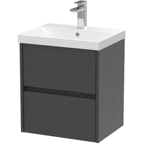 Nuie Havana Graphite Grey Woodgrain 500mm Wall Hung 2 Drawer Vanity Unit and Thin Edge Ceramic Basin - HAV2202D