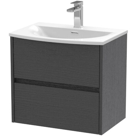 Nuie Havana Graphite Grey Woodgrain 600mm Wall Hung 2 Drawer Vanity Unit and Curved Ceramic Basin - HAV2204G