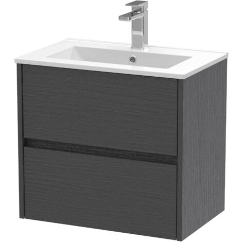 Nuie Havana Graphite Grey Woodgrain 600mm Wall Hung 2 Drawer Vanity Unit and Minimalist Ceramic Basin - HAV2204B
