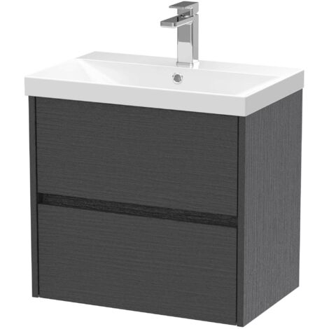 Nuie Havana Graphite Grey Woodgrain 600mm Wall Hung 2 Drawer Vanity Unit and Thin Edge Ceramic Basin - HAV2204D