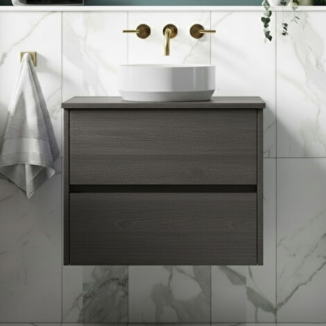 Nuie Havana Graphite Grey Woodgrain 600mm Wall Hung 2 Drawer Vanity Unit with Worktop - HAV2204W