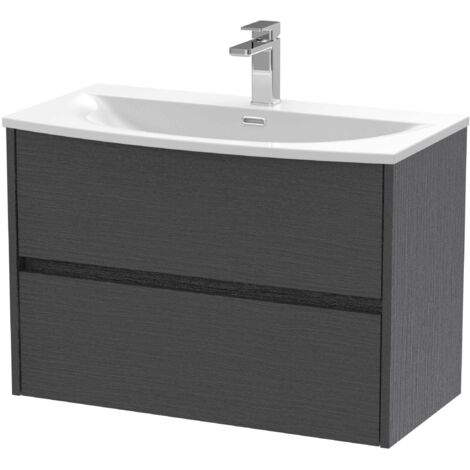 Nuie Havana Graphite Grey Woodgrain 800mm Wall Hung 2 Drawer Vanity Unit and Curved Ceramic Basin - HAV2206G