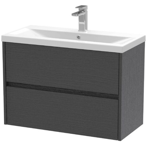 Nuie Havana Graphite Grey Woodgrain 800mm Wall Hung 2 Drawer Vanity Unit and Mid Edge Ceramic Basin - HAV2206A