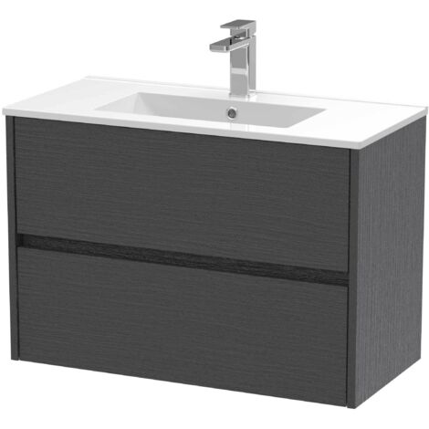 Nuie Havana Graphite Grey Woodgrain 800mm Wall Hung 2 Drawer Vanity Unit and Minimalist Ceramic Basin - HAV2206B