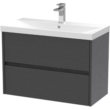 Nuie Havana Graphite Grey Woodgrain 800mm Wall Hung 2 Drawer Vanity Unit and Thin Edge Ceramic Basin - HAV2206D