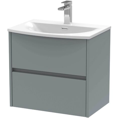 Nuie Havana Matt Coastal Grey 600mm Wall Hung 2 Drawer Vanity Unit and Curved Ceramic Basin - HAV2304G
