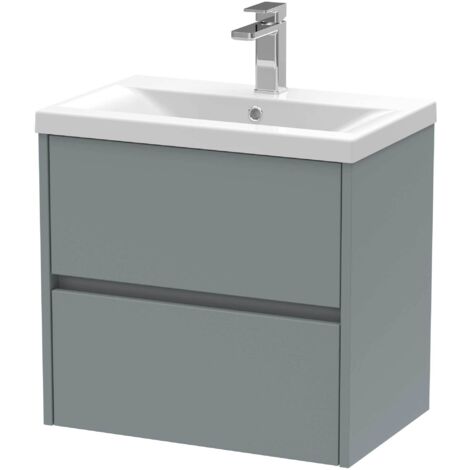 Nuie Havana Matt Coastal Grey 600mm Wall Hung 2 Drawer Vanity Unit and Mid Edge Ceramic Basin - HAV2304A
