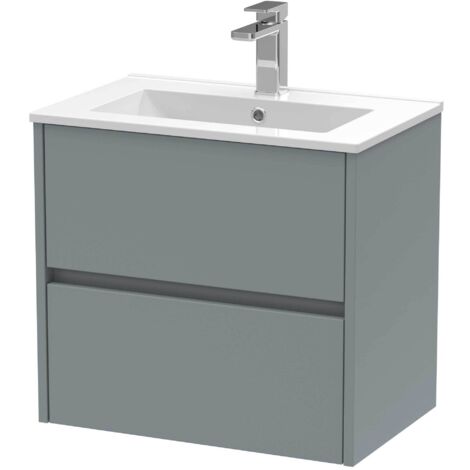 Nuie Havana Matt Coastal Grey 600mm Wall Hung 2 Drawer Vanity Unit and Minimalist Ceramic Basin - HAV2304B
