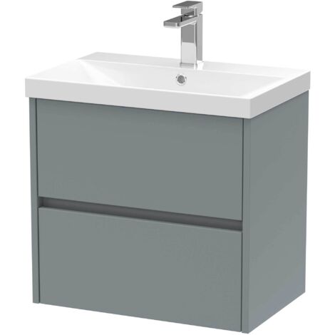 Nuie Havana Matt Coastal Grey 600mm Wall Hung 2 Drawer Vanity Unit and Thin Edge Ceramic Basin - HAV2304D