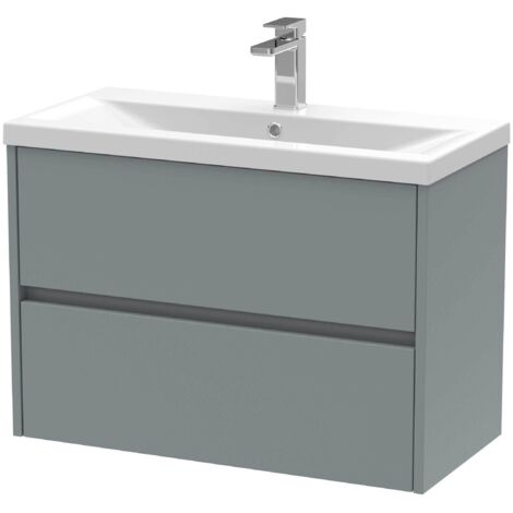 Nuie Havana Matt Coastal Grey 800mm Wall Hung 2 Drawer Vanity Unit and Mid Edge Ceramic Basin - HAV2306A