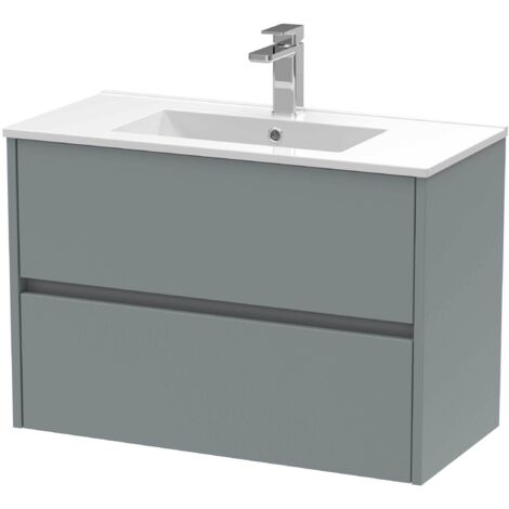 Nuie Havana Matt Coastal Grey 800mm Wall Hung 2 Drawer Vanity Unit and Minimalist Ceramic Basin - HAV2306B