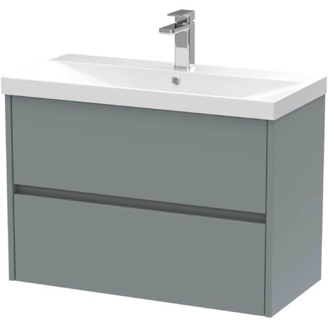 Nuie Havana Matt Coastal Grey 800mm Wall Hung 2 Drawer Vanity Unit and Thin Edge Ceramic Basin - HAV2306D
