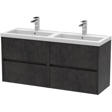 Nuie Havana Matt Metallic Slate 1200mm Wall Hung 4 Drawer Vanity Unit with Double Poylymarble Basins - HAV2604C