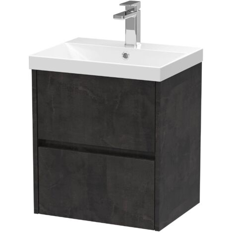 Nuie Havana Matt Metallic Slate 500mm Wall Hung 2 Drawer Vanity Unit and Thin Edge Ceramic Basin - HAV2602D