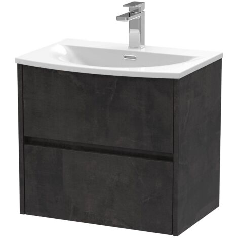 Nuie Havana Matt Metallic Slate 600mm Wall Hung 2 Drawer Vanity Unit and Curved Ceramic Basin - HAV2604G