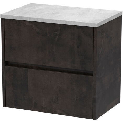 Nuie Havana Matt Metallic Slate 600mm Wall Hung 2 Drawer Vanity Unit with Bellato Grey Worktop - HAV2604LBG