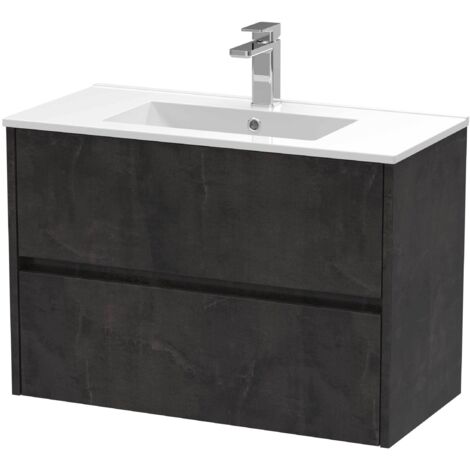 Nuie Havana Matt Metallic Slate 800mm Wall Hung 2 Drawer Vanity Unit and Minimalist Ceramic Basin - HAV2606B