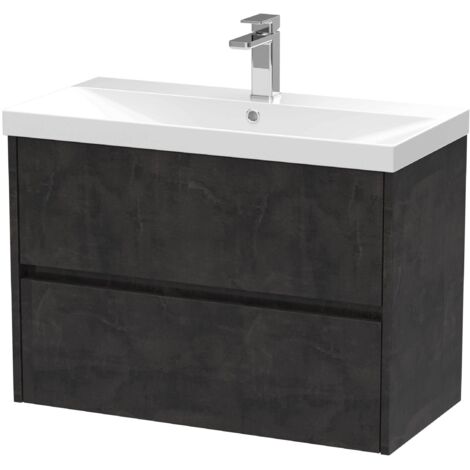 Nuie Havana Matt Metallic Slate 800mm Wall Hung 2 Drawer Vanity Unit and Thin Edge Ceramic Basin - HAV2606D