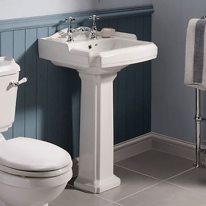Nuie Legend 590mm Basin & Pedestal Full Traditional White with 2 Tap holes