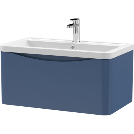 Nuie Lunar Satin Blue 800mm Wall Hung Single Drawer Vanity Unit and Ceramic Basin - LUN306A