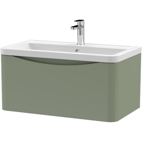 Nuie Lunar Satin Green 800mm Wall Hung Single Drawer Vanity Unit and Ceramic Basin - LUN806A