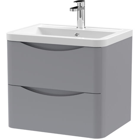 Nuie Lunar Satin Grey 600mm Wall Hung 2 Drawer Vanity Unit and Ceramic Basin - LUN202A
