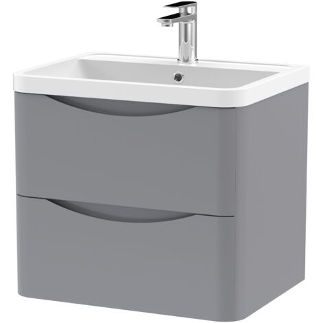 Nuie Lunar Satin Grey 600mm Wall Hung 2 Drawer Vanity Unit and Polymarble Basin - LUN202