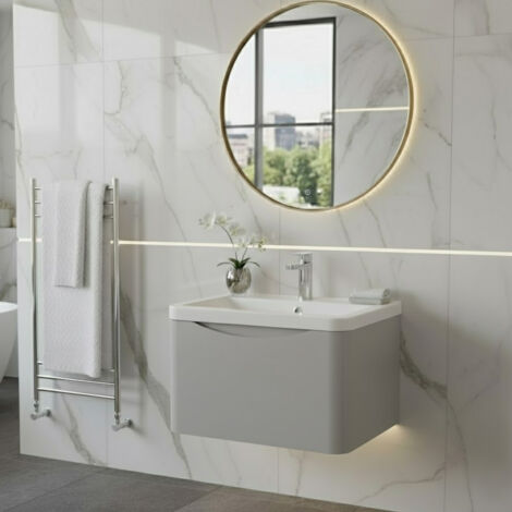 Nuie Lunar Satin Grey 600mm Wall Hung Single Drawer Vanity Unit and Polymarble Basin - LUN205