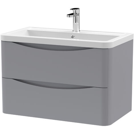 Nuie Lunar Satin Grey 800mm Wall Hung 2 Drawer Vanity Unit and Ceramic Basin - LUN204A