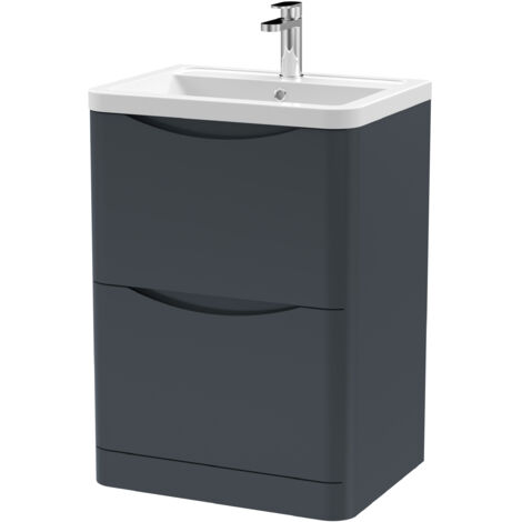 Nuie Lunar Satin Soft Black 600mm 2 Drawer Vanity Unit and Ceramic Basin - LUN1401A