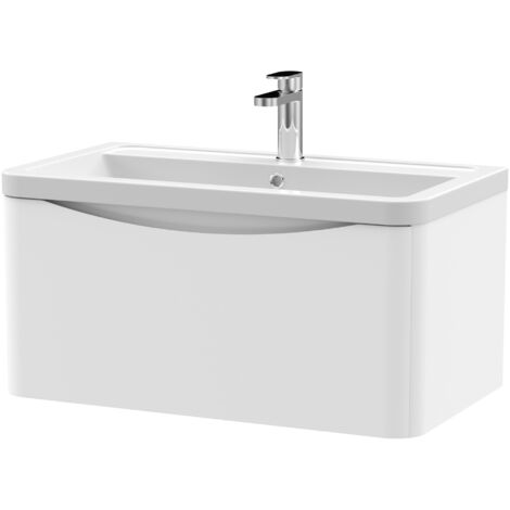 Nuie Lunar Satin White 800mm Wall Hung Single Drawer Vanity Unit and Ceramic Basin - LUN106A