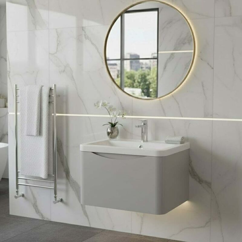 Nuie - Lunar Wall Hung 1-Drawer Vanity Unit with Ceramic Basin 600mm Wide - Satin Grey