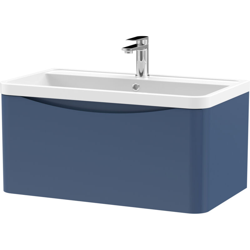 Nuie - Lunar Satin Blue 800mm Wall Hung Single Drawer Vanity Unit and Polymarble Basin - LUN306
