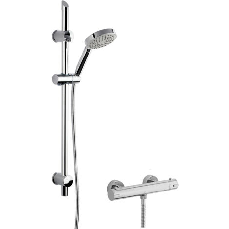 Nuie Minimalist Thermostatic Bar Shower Valve with Slim Single Function Slider Rail Kit - Chrome