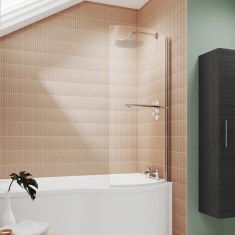 Nuie Pacific Chrome 720mm Curved P Shape Shower Bath Screen with Towel Rail - NCSR1