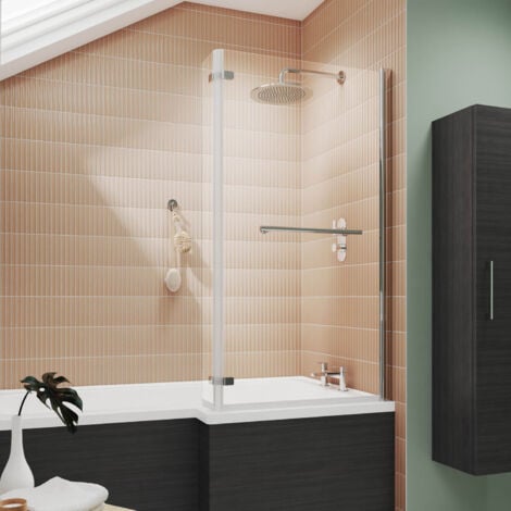 main image of "Nuie Pacific L-Shaped Fixed Bath Screen with Hinged End Panel and Towel Bar 1416mm H x 815mm W - 6mm Glass"