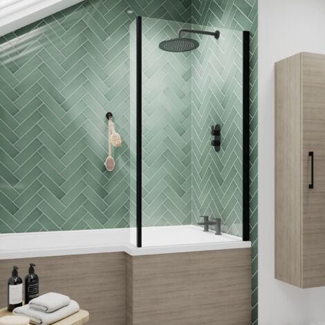 Nuie Pacific Matt Black 815mm L Shaped Shower Bath Screen with Fixed Return - NSBS2BP