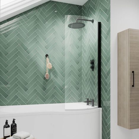 Nuie Pacific Matt Black 870mm Curved P Shape Shower Bath Screen - NCS0BP