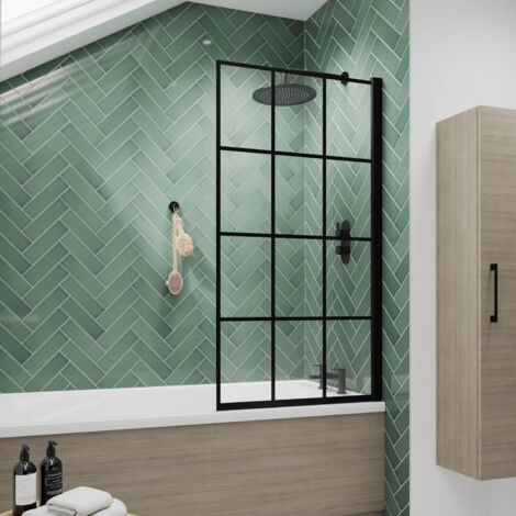 main image of "Nuie Pacific Square Black Framed Bath Screen 1430mm H x 785mm W - 6mm Glass"