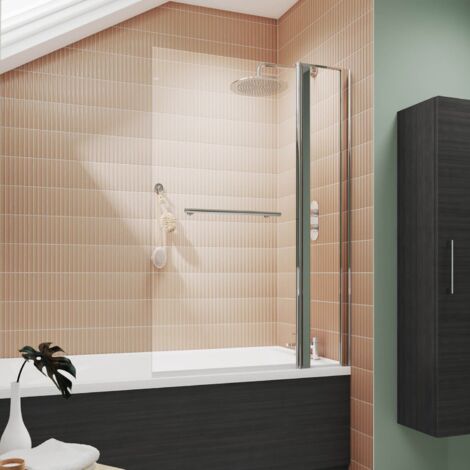 Nuie Pacific Square Hinged Bath Screen with Fixed Panel and Towel Bar 1433mm H x 998mm W - 6mm Glass