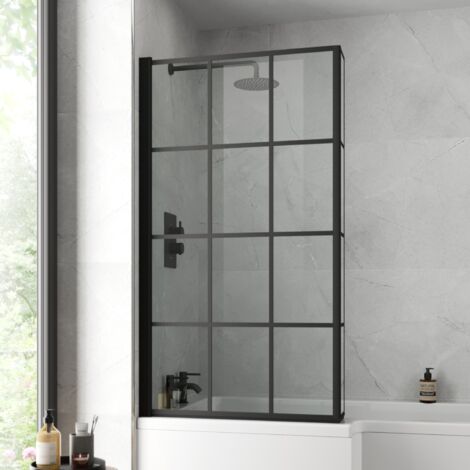 Nuie Pacific Square Matt Black Framed L Shaped Shower Bath Screen with Fixed Return - NSBS7BF