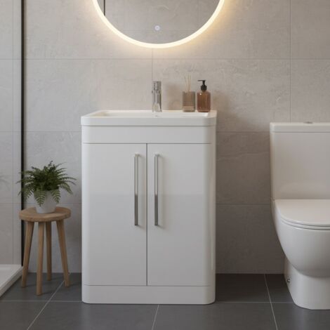 Nuie Parade Floor Standing 2-Door Vanity Unit with Polymarble Basin 600mm Wide - Gloss White