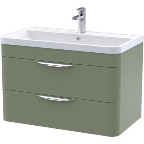 Nuie Parade Satin Green 800mm Wall Hung 2 Drawer Vanity Unit and Polymarble Basin - FPA805