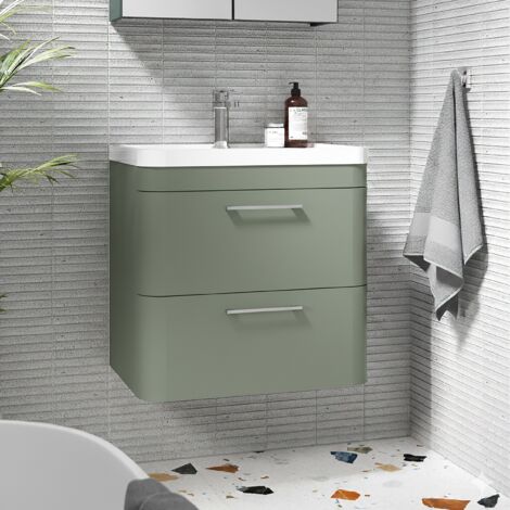 Nuie Parade Wall Hung 2-Drawer Vanity Unit with Ceramic Basin 600mm Wide - Satin Green